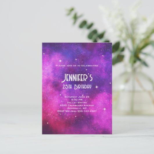 Roze en Paarse ruimte en sterren Faux Galaxy Birth Uitnodiging Briefkaart (Staand voorkant)