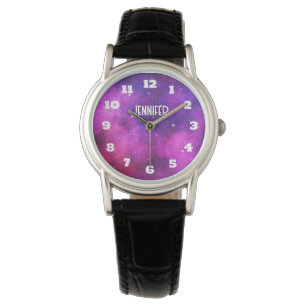 Roze en Paarse ruimte en sterren Faux Galaxy Horloge