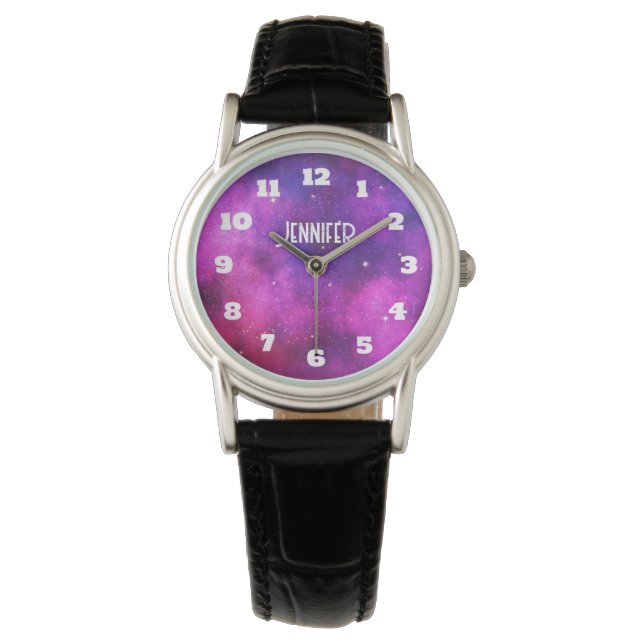 Roze en Paarse ruimte en sterren Faux Galaxy Horloge (Voorkant)