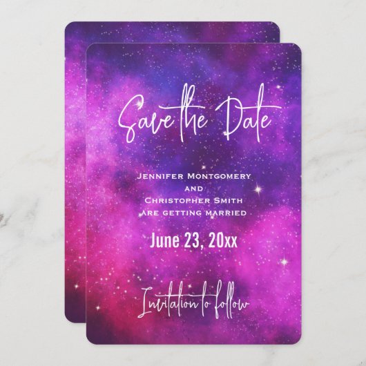 Roze en Paarse ruimte en sterren Faux Galaxy Save The Date (Voorkant / Achterkant)