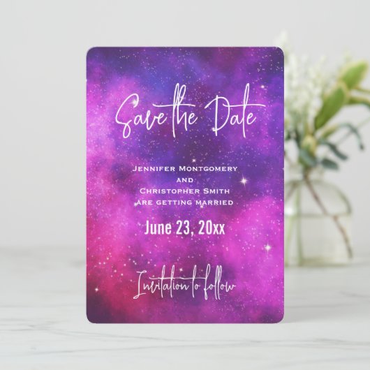Roze en Paarse ruimte en sterren Faux Galaxy Save The Date (Staand voorkant)