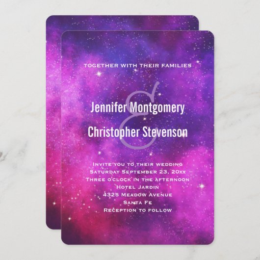 Roze en Paarse ruimte en sterren Faux Galaxy Wedde Kaart (Voorkant / Achterkant)