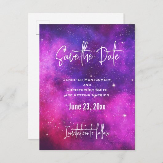 Roze en Paarse ruimte en sterrenstelsel Bewaar dat Uitnodiging Briefkaart (Voorkant / Achterkant)