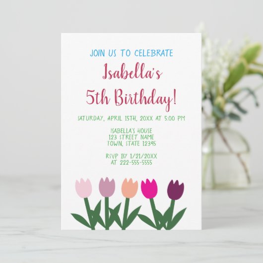 Roze en Paarse Schattigee Cartoon Tulpen 5e verjaa Kaart (Staand voorkant)