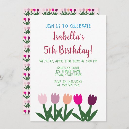 Roze en Paarse Schattigee Cartoon Tulpen 5e verjaa Kaart (Voorkant / Achterkant)