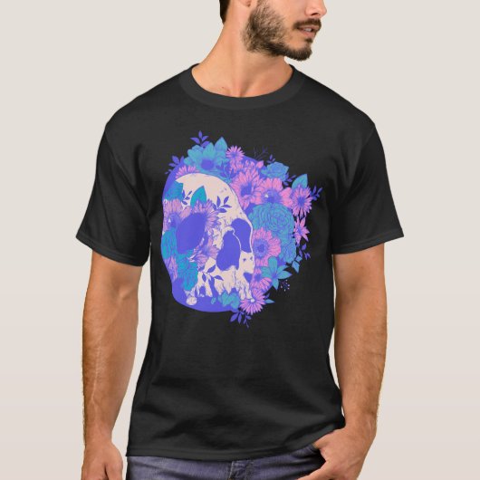 Roze en Paarse schedels en bloemen - bloemengotiek T-shirt (Voorkant)