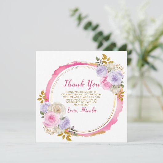 Roze en Paarse sierlijke bloemen verjaardag Bedankkaart (Staand voorkant)