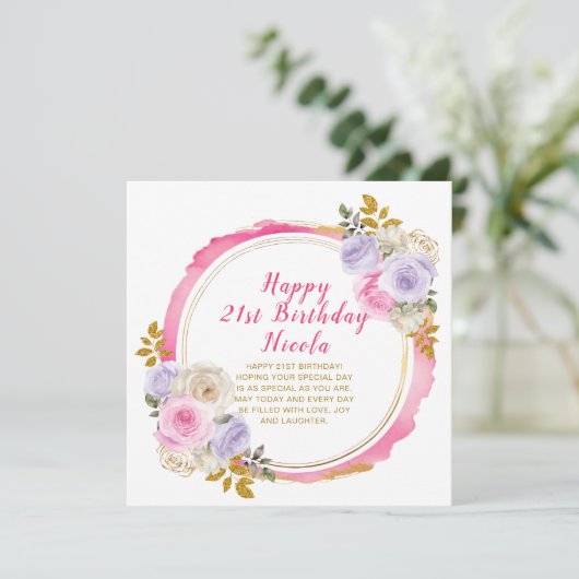 Roze en Paarse sierlijke bloemen verjaardag Kaart (Staand voorkant)