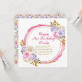 Roze en Paarse sierlijke bloemen verjaardag Kaart (Voorkant / Achterkant in situ)