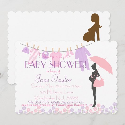 Roze en Paarse Silhouette Baby shower Kaart (Voorkant / Achterkant)