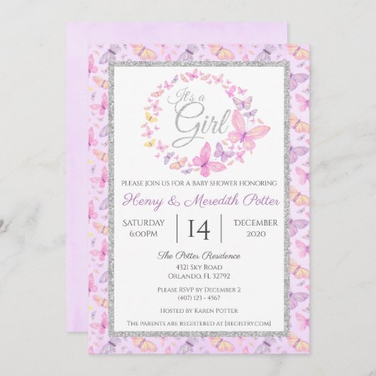 Roze en Paarse Silver Butterfly Baby shower Kaart (Voorkant / Achterkant)