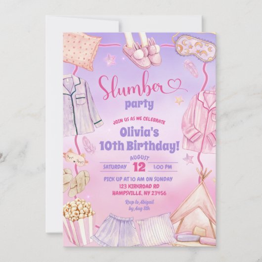 Roze en Paarse Sleepover Slumber Verjaardagsfeest Kaart (Voorkant)