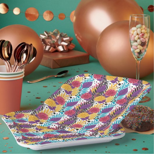 Roze en paarse snijbloemen met ingewikkelde bloemb papieren bordje (Multi)