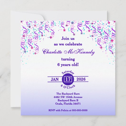 Roze en Paarse sterren en streamers verjaardag Kaart (Voorkant)