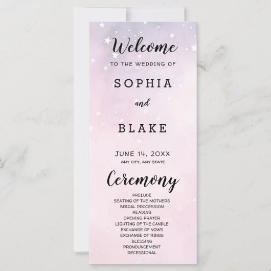 Roze en Paarse sterren hemelse bruiloft programma (Voorkant)