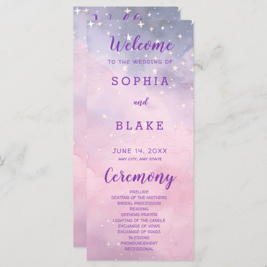 Roze en Paarse sterren hemelse bruiloft programma (Voorkant / Achterkant)