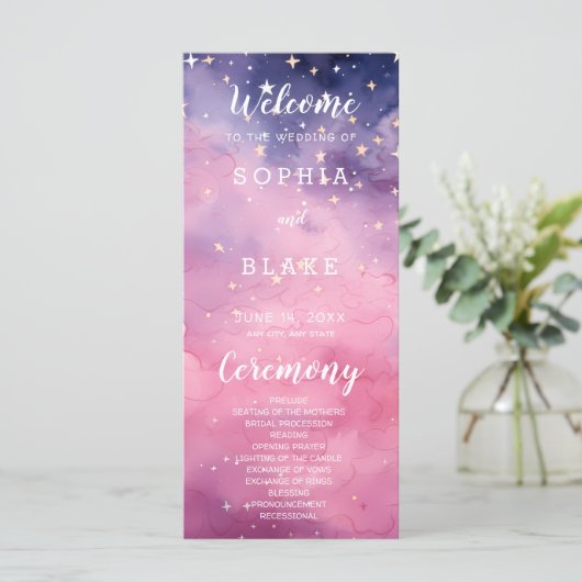 Roze en Paarse sterren hemelse bruiloft programma (Staand voorkant)