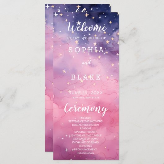 Roze en Paarse sterren hemelse bruiloft programma (Voorkant / Achterkant)