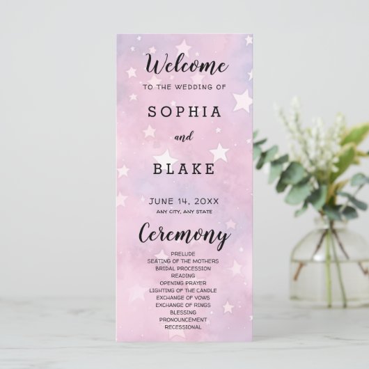 Roze en Paarse sterren hemelse bruiloft programma (Staand voorkant)