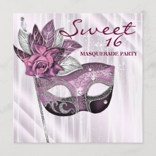 Roze en paarse Sweet 16 Maskerade Feest Kaart