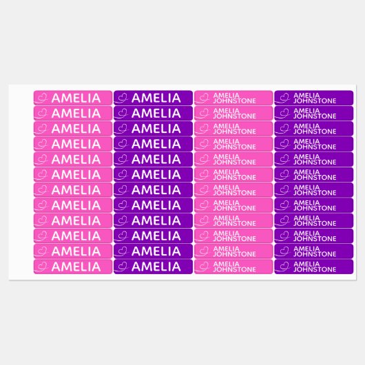 Roze en paarse swish hart aangepaste naam labels (Vel)
