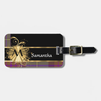 Roze en paarse tartan en monogram bagagelabel