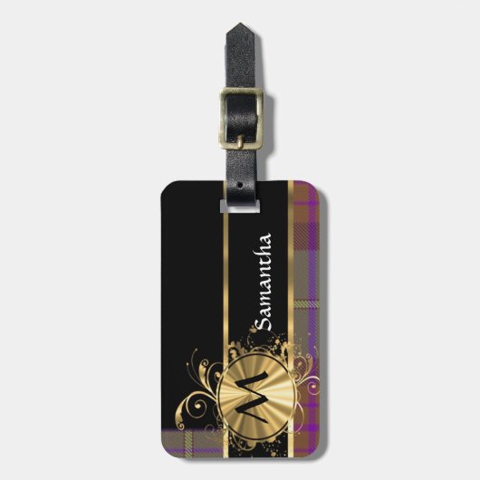 Roze en paarse tartan en monogram bagagelabel (Voorkant verticaal)