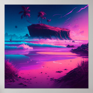 Roze en paarse tropische golven en palmbomen poster