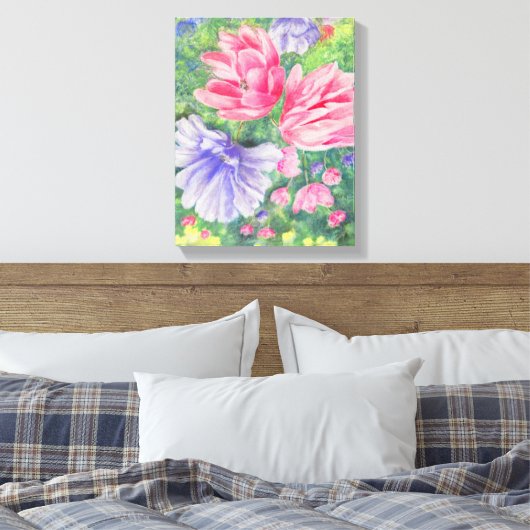 Roze en Paarse tuinbloemen Canvas Afdruk (Insitu (Slaapkamer))