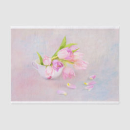 Roze en paarse tulpen met antieke theekop tissuepapier