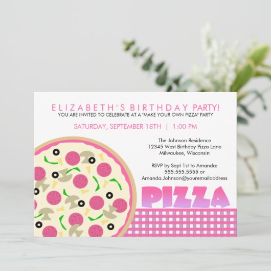 Roze en Paarse uitnodiging van de Pizza Partij (Staand voorkant)