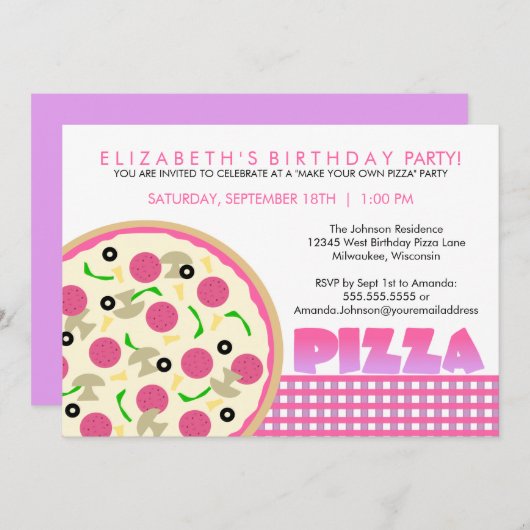 Roze en Paarse uitnodiging van de Pizza Partij (Voorkant / Achterkant)