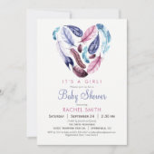 Roze en Paarse veren Baby shower Uitnodiging (Voorkant)