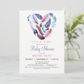 Roze en Paarse veren Baby shower Uitnodiging (Staand voorkant)