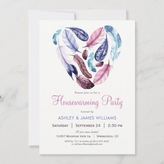 Roze en Paarse veren housewarming party Kaart (Voorkant)