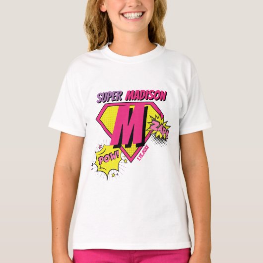 Roze en Paarse verjaardag Meisje Super Hero verjaa T-shirt (Voorkant)