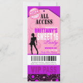 Roze en Paarse VIP Sweet 16 Ticket Party Kaart (Voorkant)