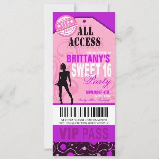 Roze en Paarse VIP Sweet 16 Ticket Party Kaart (Voorkant)