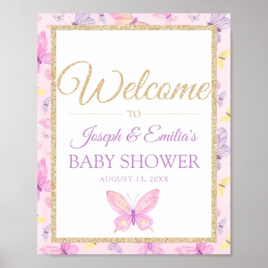 Roze en Paarse vlinder Baby shower Welkom Poster (Voorkant)