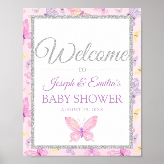 Roze en Paarse vlinder Baby shower Welkomstpost Poster (Voorkant)