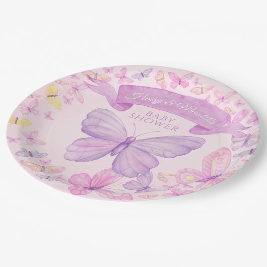 Roze en Paarse Vlinder Custom Baby shower Papieren Bordje (Gekanteld)