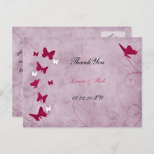 roze en paarse  vlinder Dank u Briefkaart (Voorkant / Achterkant)