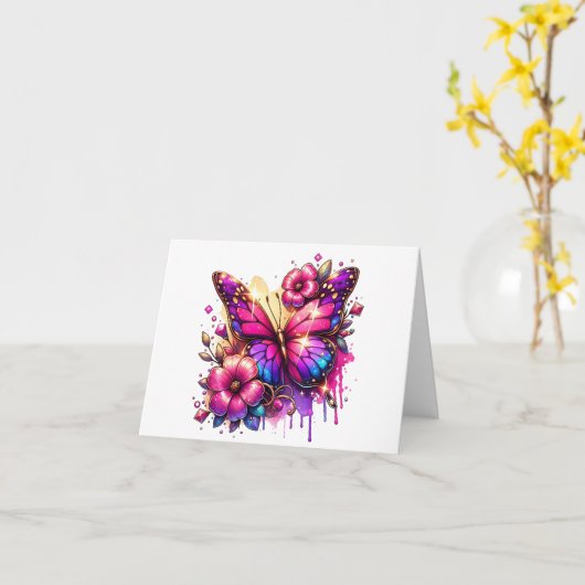 Roze en Paarse vlinder en bloemen Dank u Kaart (Gele Bloem)