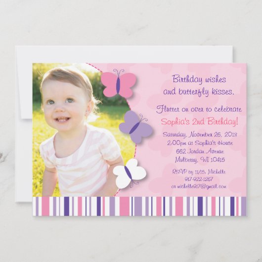 Roze en Paarse vlinder Fotodag uitnodiging (Voorkant)