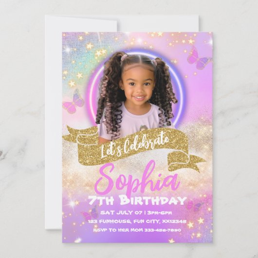 Roze en Paarse Vlinder Kids Verjaardagsuitnodiging Kaart (Voorkant)