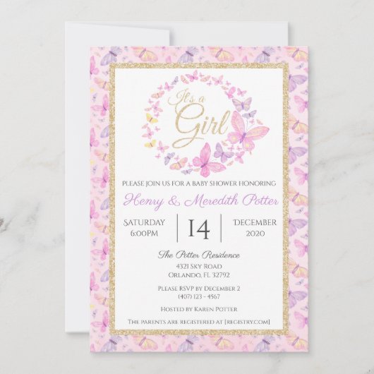 Roze en Paarse Vlinder Meisjes Baby shower Kaart (Voorkant)