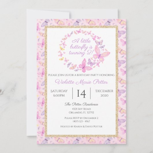 Roze en Paarse Vlinder Meisjes Verjaardagsfeest Kaart (Voorkant)