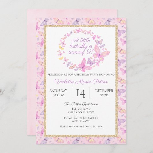 Roze en Paarse Vlinder Meisjes Verjaardagsfeest Kaart (Voorkant / Achterkant)