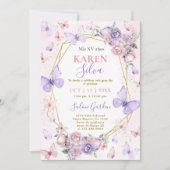Roze en Paarse Vlinder Quinceañera Uitnodiging (Voorkant)