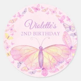 Roze en Paarse Vlinder Verjaardagsfeestje Ronde Sticker